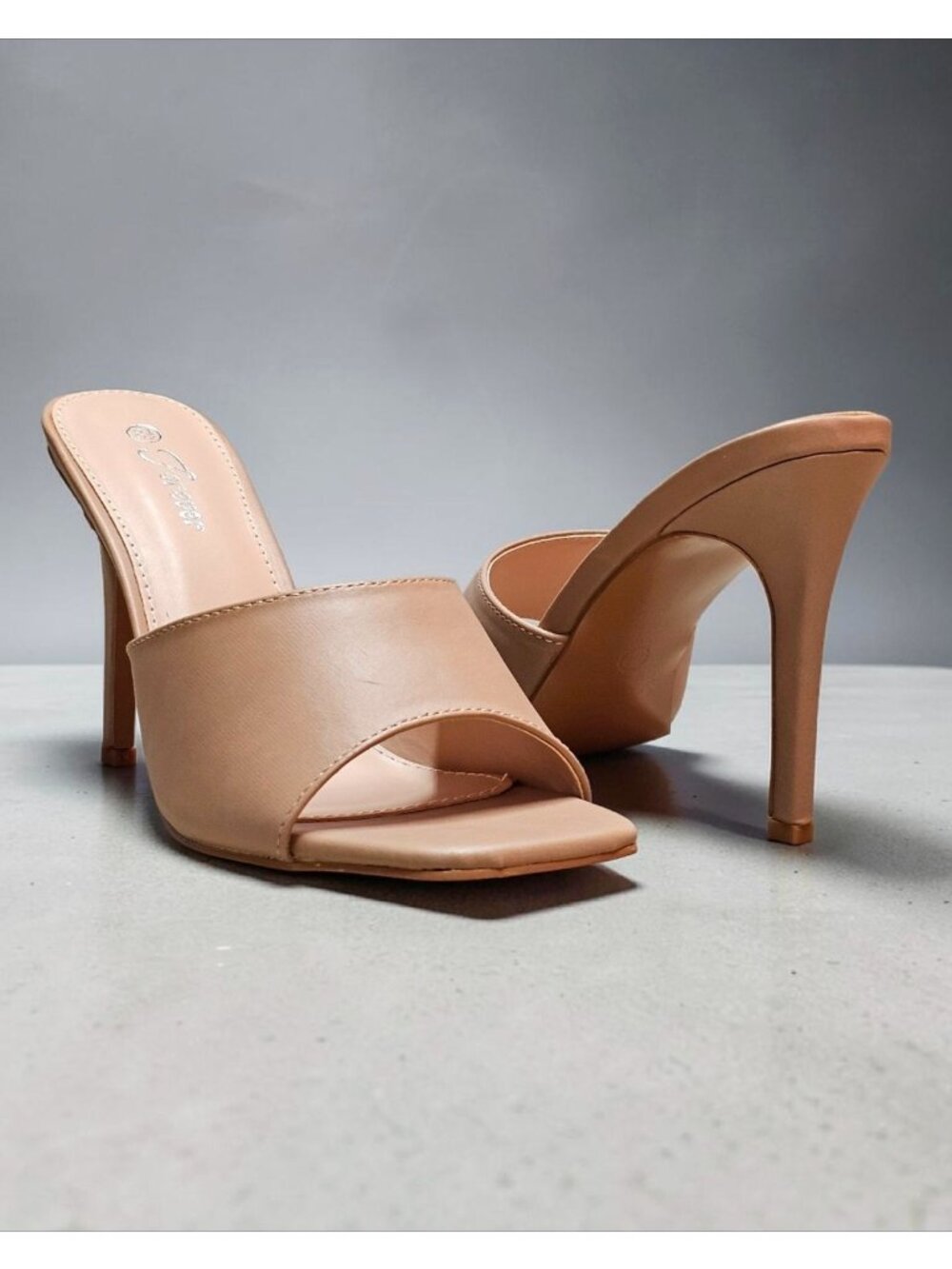 Open Toe Nude Stiletto Heels Faux Leather Slip-On Sandals Square-Toe Design Wome